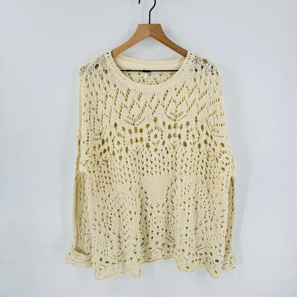 Free People Sweaters - Free People Cream Open Crochet Cotton Sweater Boho Knit Pullover Women’s Size M